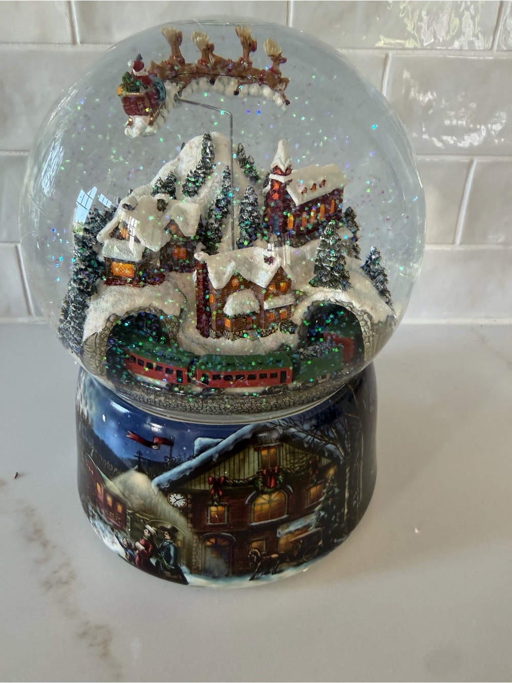 Festive Snow Globe Holiday Village with Train - White & Red